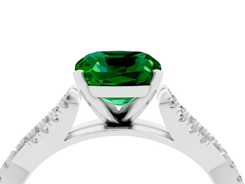 White gold Cushion Cut Emerald Solitaire Engagement Ring with Twisted Pavé Band and Four-Prong Setting_16