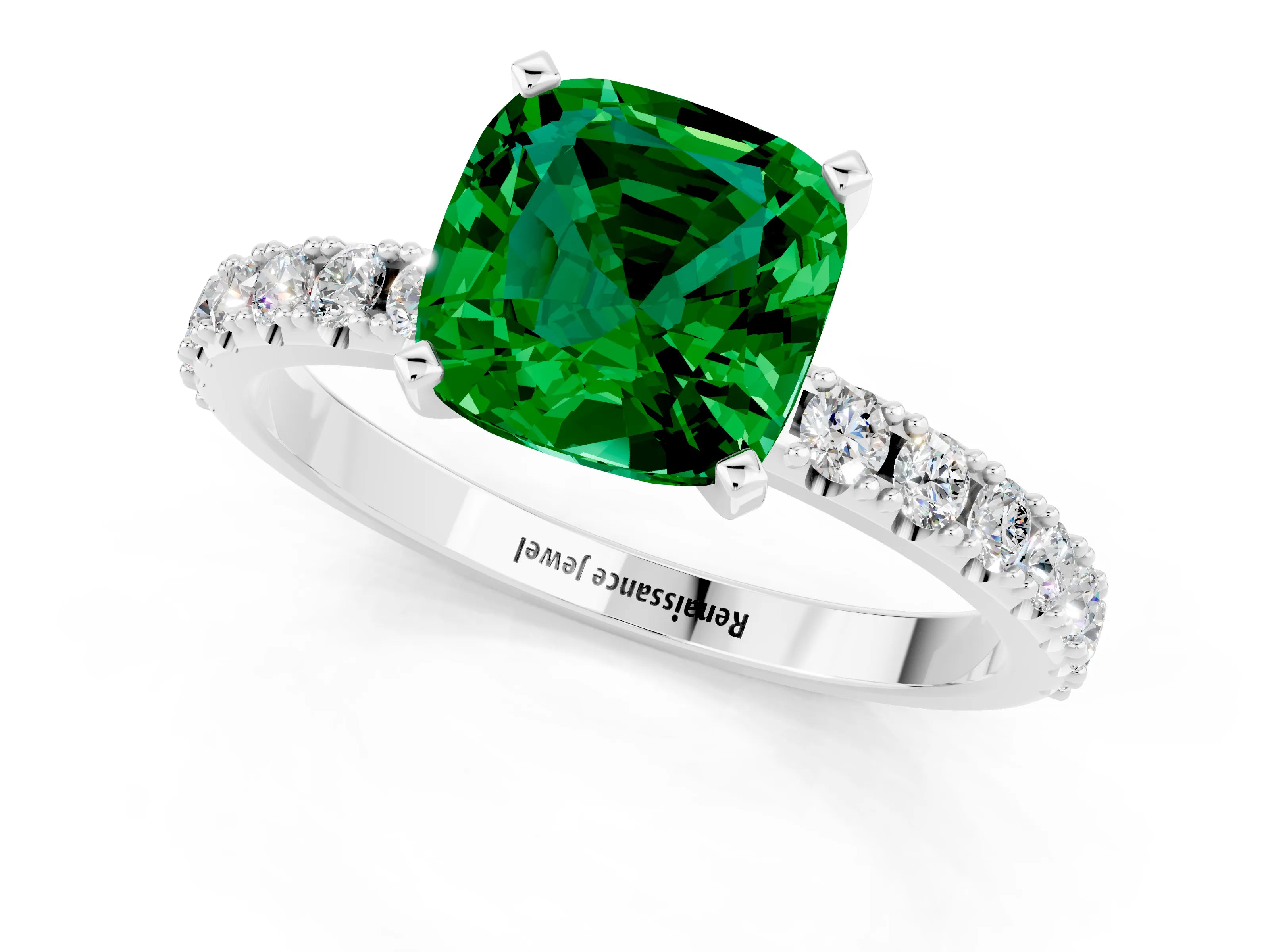 White gold Cushion Cut Emerald Solitaire Pavé Band with Four-Prong Setting_1