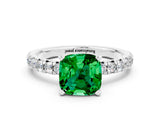 White gold Cushion Cut Emerald Solitaire Pavé Engagement Ring with Round Band and Prong Setting_96