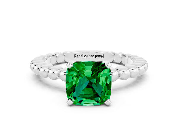Platinum Cushion Cut Emerald Solitaire Ring with Beaded Band and Prong Setting