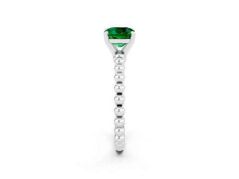 White gold Cushion Cut Emerald Solitaire Ring with Beaded Band and Prong Setting_14