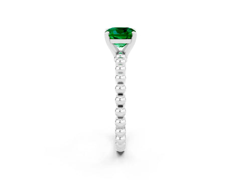 White gold Cushion Cut Emerald Solitaire Ring with Beaded Band and Prong Setting_14