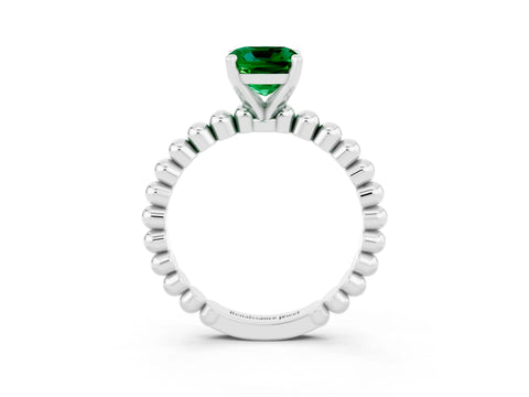 White gold Cushion Cut Emerald Solitaire Ring with Beaded Band and Prong Setting_15