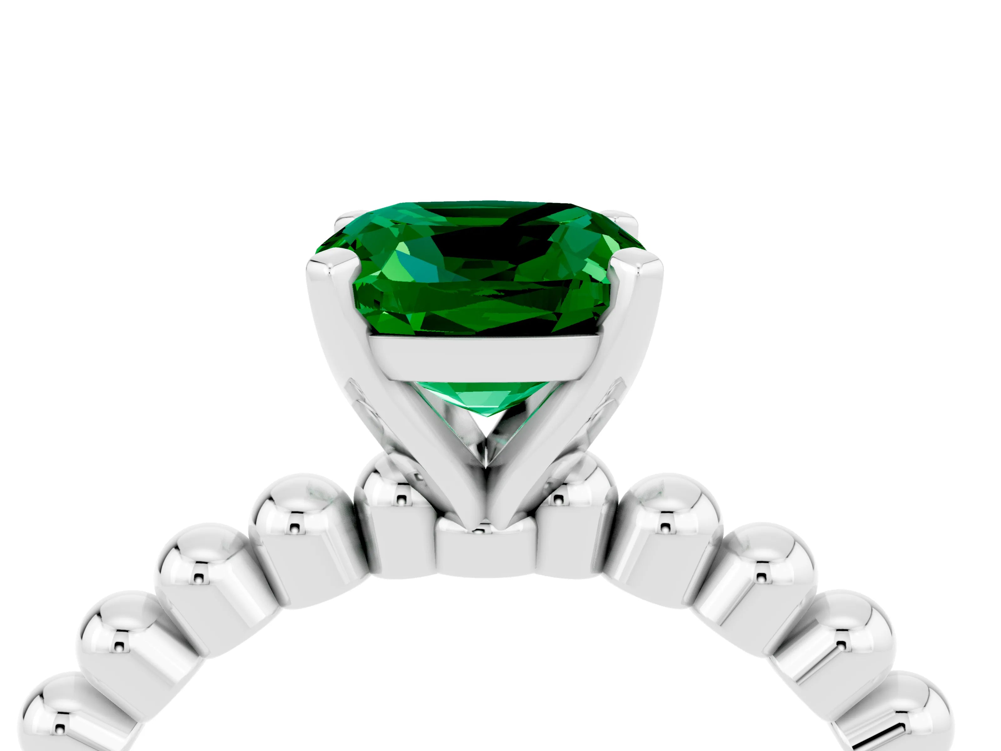 White gold Cushion Cut Emerald Solitaire Ring with Beaded Band and Prong Setting_16