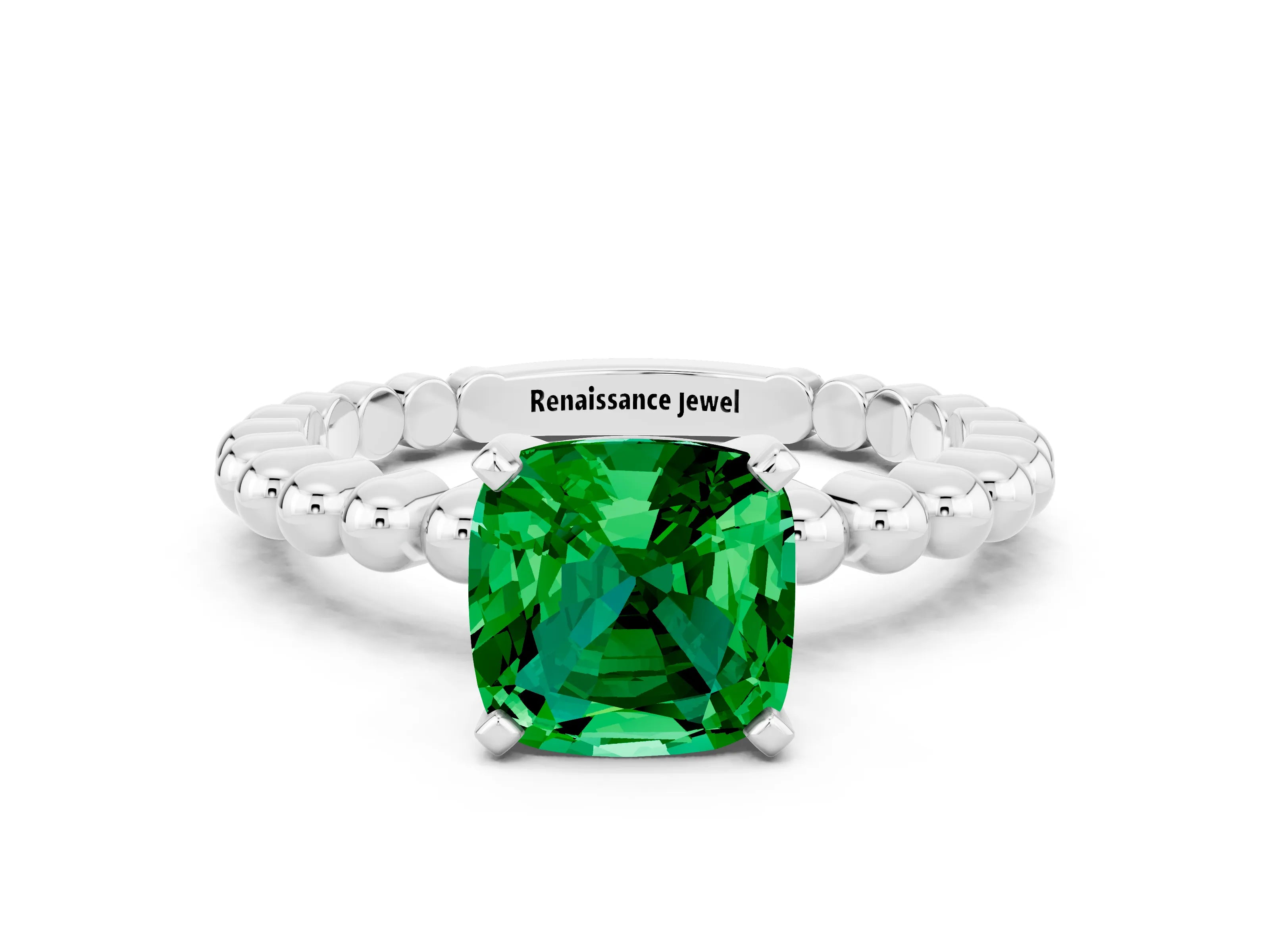 White gold Cushion Cut Emerald Solitaire Ring with Beaded Band and Prong Setting_24