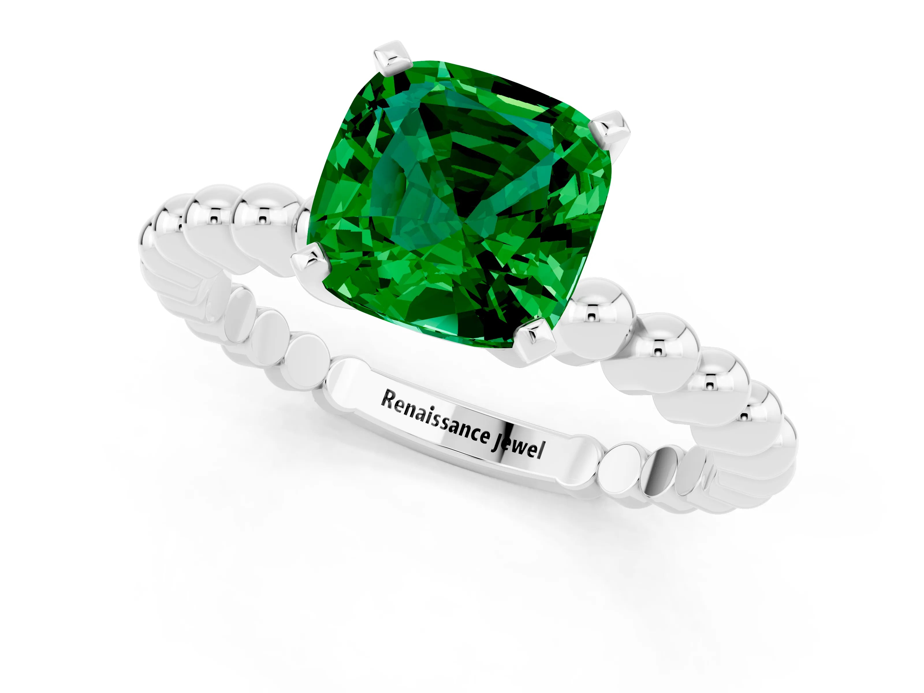 White gold Cushion Cut Emerald Solitaire Ring with Beaded Band and Prong Setting_25