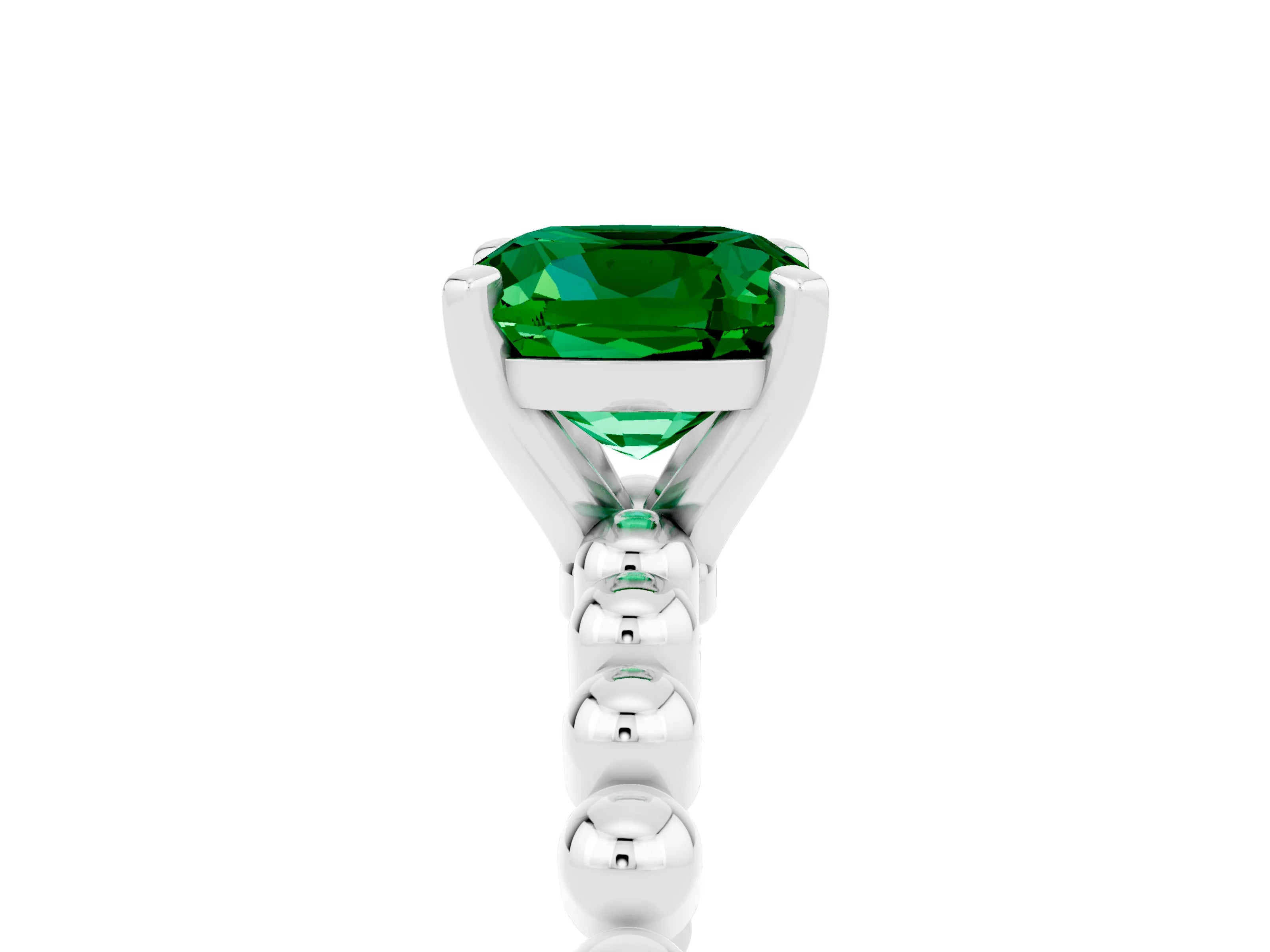 White gold Cushion Cut Emerald Solitaire Ring with Beaded Band and Prong Setting_29