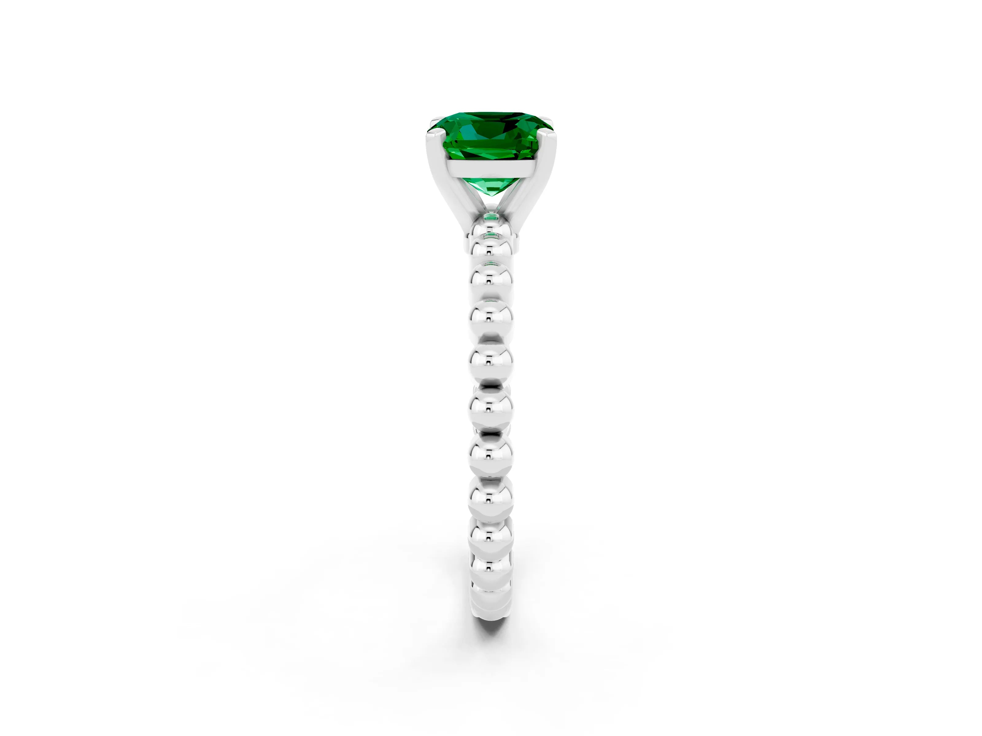 White gold Cushion Cut Emerald Solitaire Ring with Beaded Band and Prong Setting_2