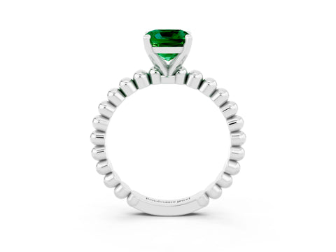 White gold Cushion Cut Emerald Solitaire Ring with Beaded Band and Prong Setting_3