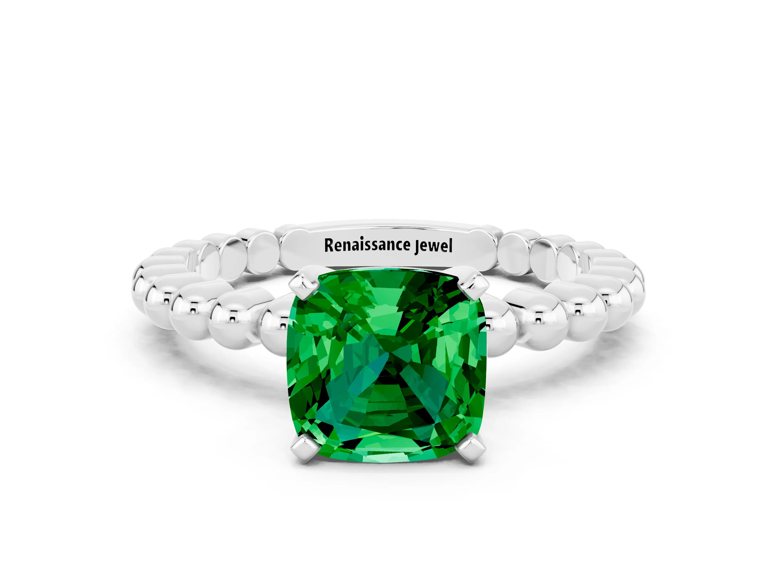White gold Cushion Cut Emerald Solitaire Ring with Beaded Band and Prong Setting