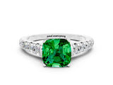White gold Cushion Cut Emerald Solitaire Ring with Cathedral Setting and Pavé Band