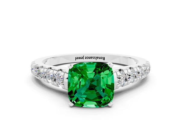 Platinum Cushion Cut Emerald Cathedral Solitaire Ring with Round  Pavé Band
