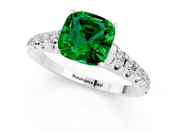 Platinum Cushion Cut Emerald Cathedral Solitaire Ring with Round  Pavé Band