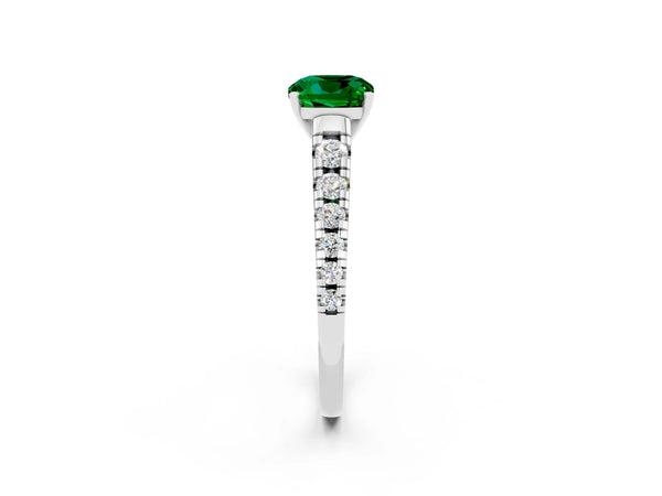 Platinum Cushion Cut Emerald Cathedral Solitaire Ring with Round  Pavé Band