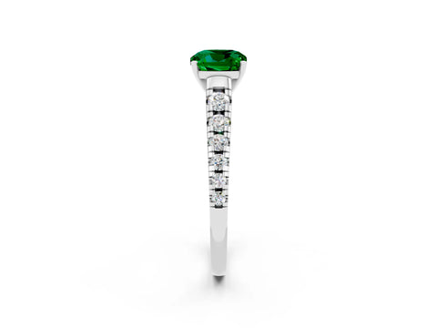 White gold Cushion Cut Emerald Solitaire Ring with Cathedral Setting and Pavé Band_2