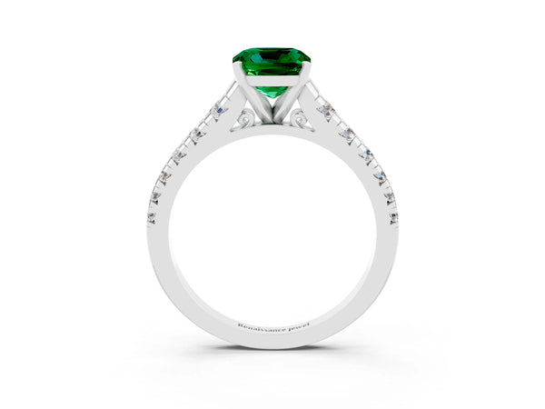 Silver Cushion Cut Emerald Cathedral Solitaire Ring with Round  Pavé Band