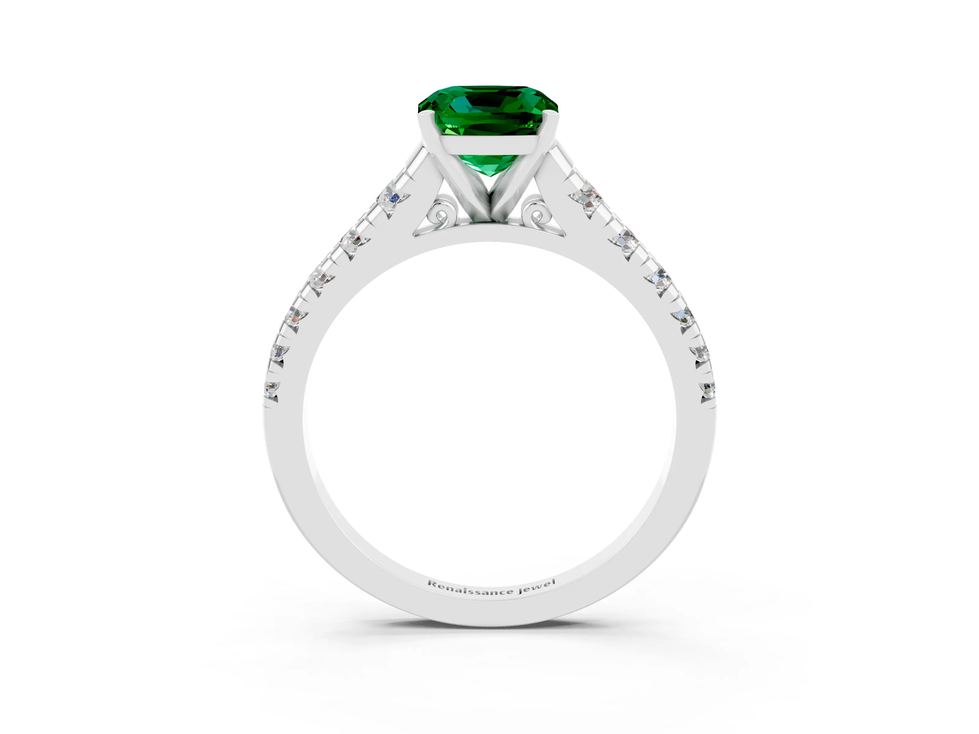 White gold Cushion Cut Emerald Solitaire Ring with Cathedral Setting and Pavé Band_3