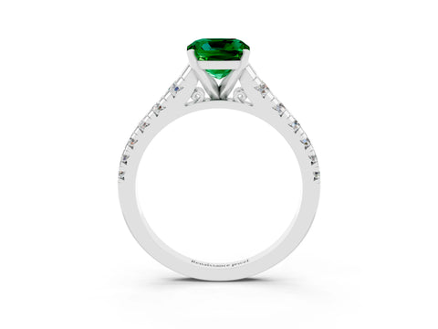 White gold Cushion Cut Emerald Solitaire Ring with Cathedral Setting and Pavé Band_3
