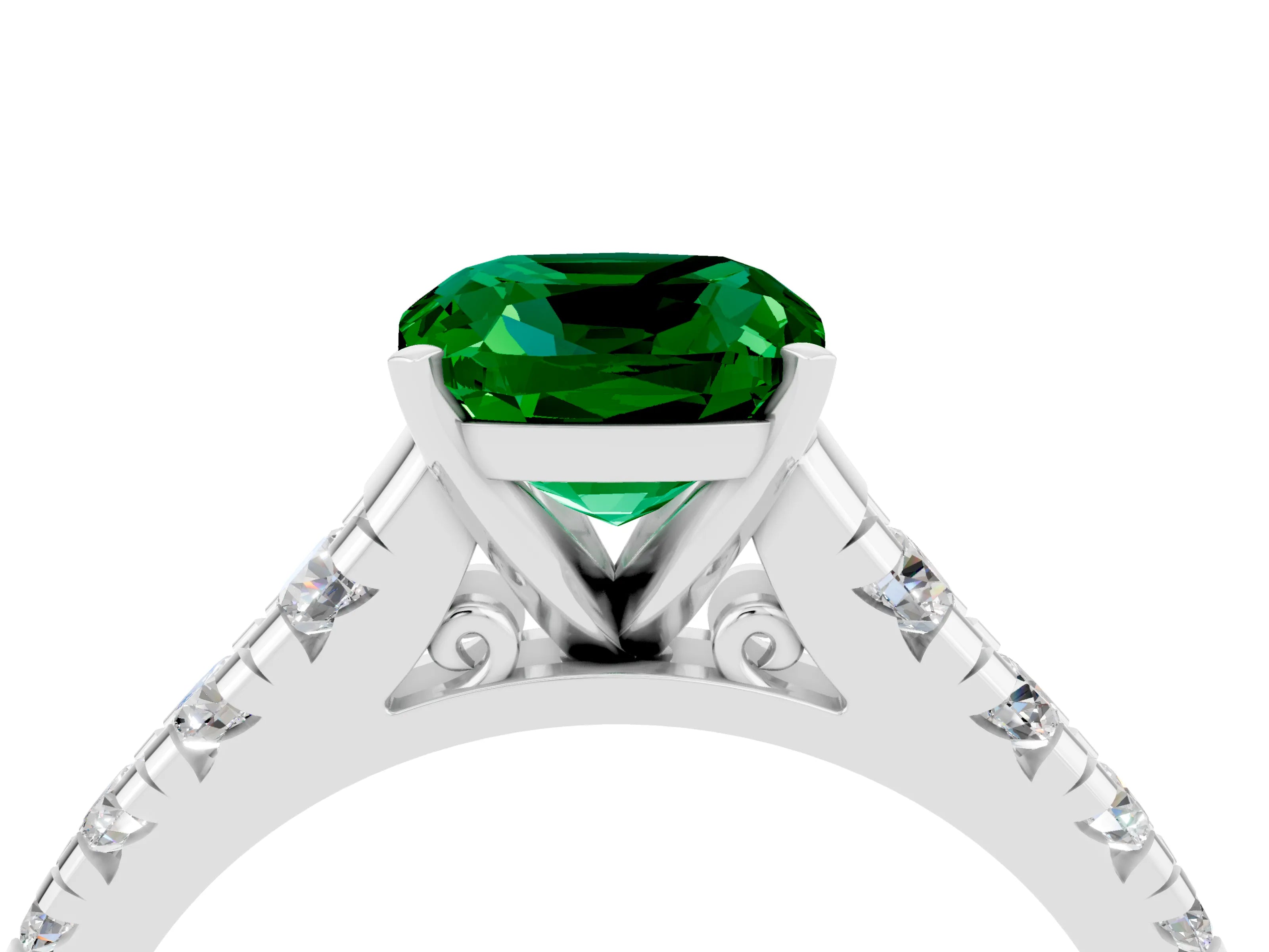 White gold Cushion Cut Emerald Solitaire Ring with Cathedral Setting and Pavé Band_4