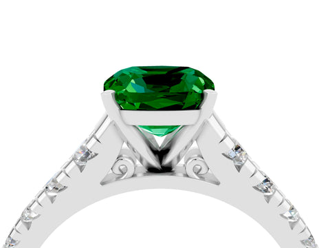 White gold Cushion Cut Emerald Solitaire Ring with Cathedral Setting and Pavé Band_4