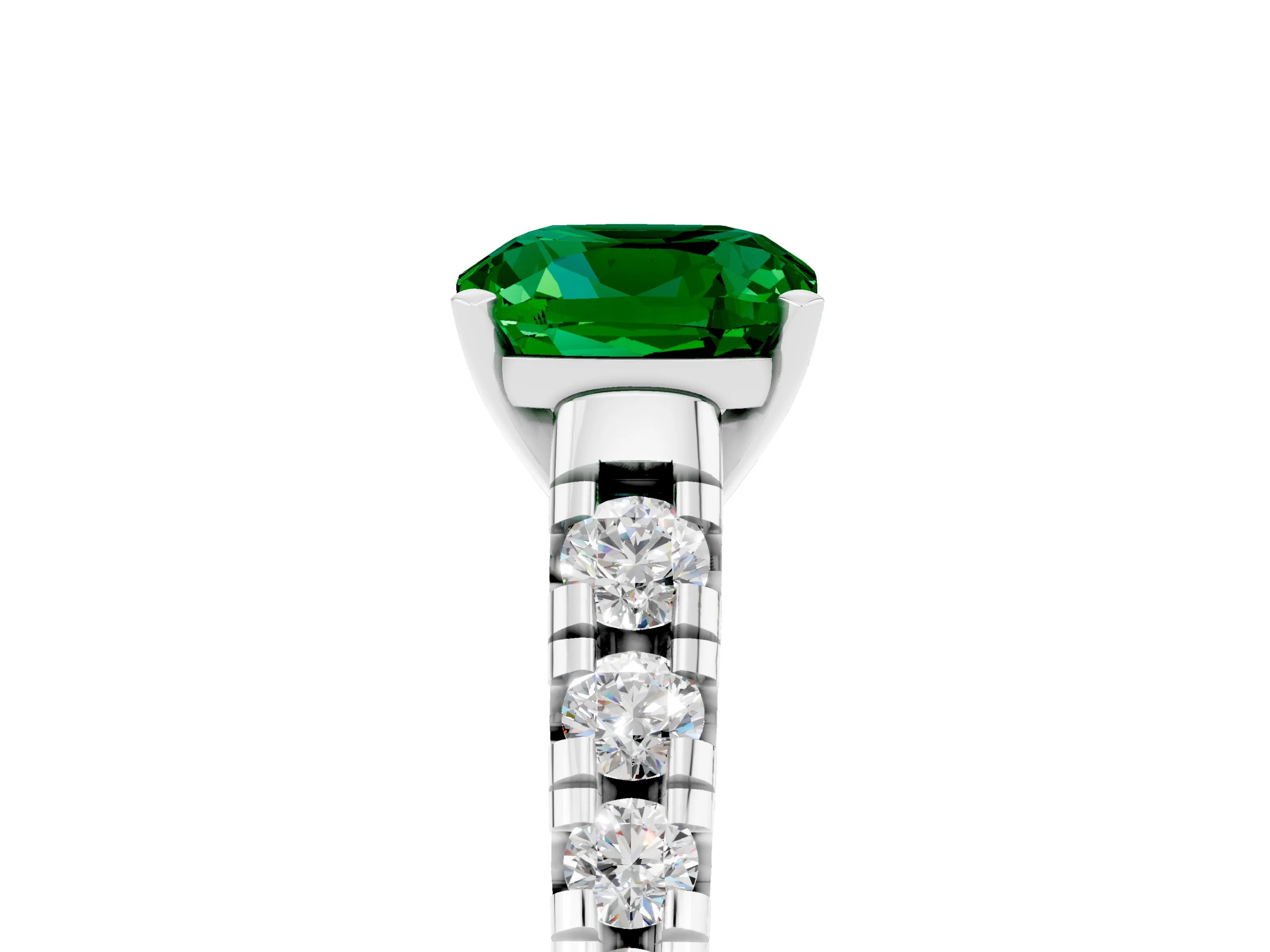 White gold Cushion Cut Emerald Solitaire Ring with Cathedral Setting and Pavé Band_5