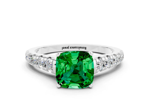 White gold Cushion Cut Emerald Solitaire Ring with Cathedral Setting and Pavé Band