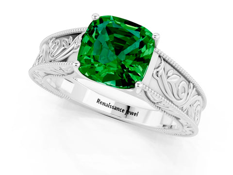 White gold Cushion Cut Emerald Solitaire Ring with Engraved Band and Four-Prong Setting_1