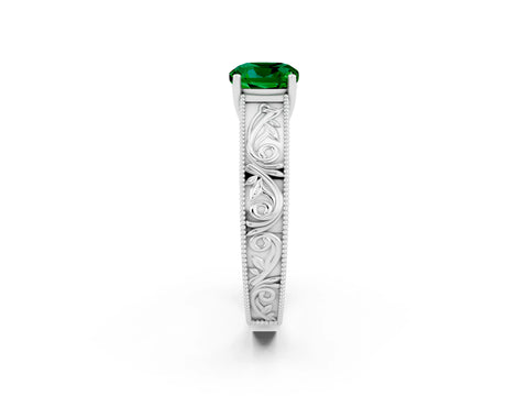 White gold Cushion Cut Emerald Solitaire Ring with Engraved Band and Four-Prong Setting_2