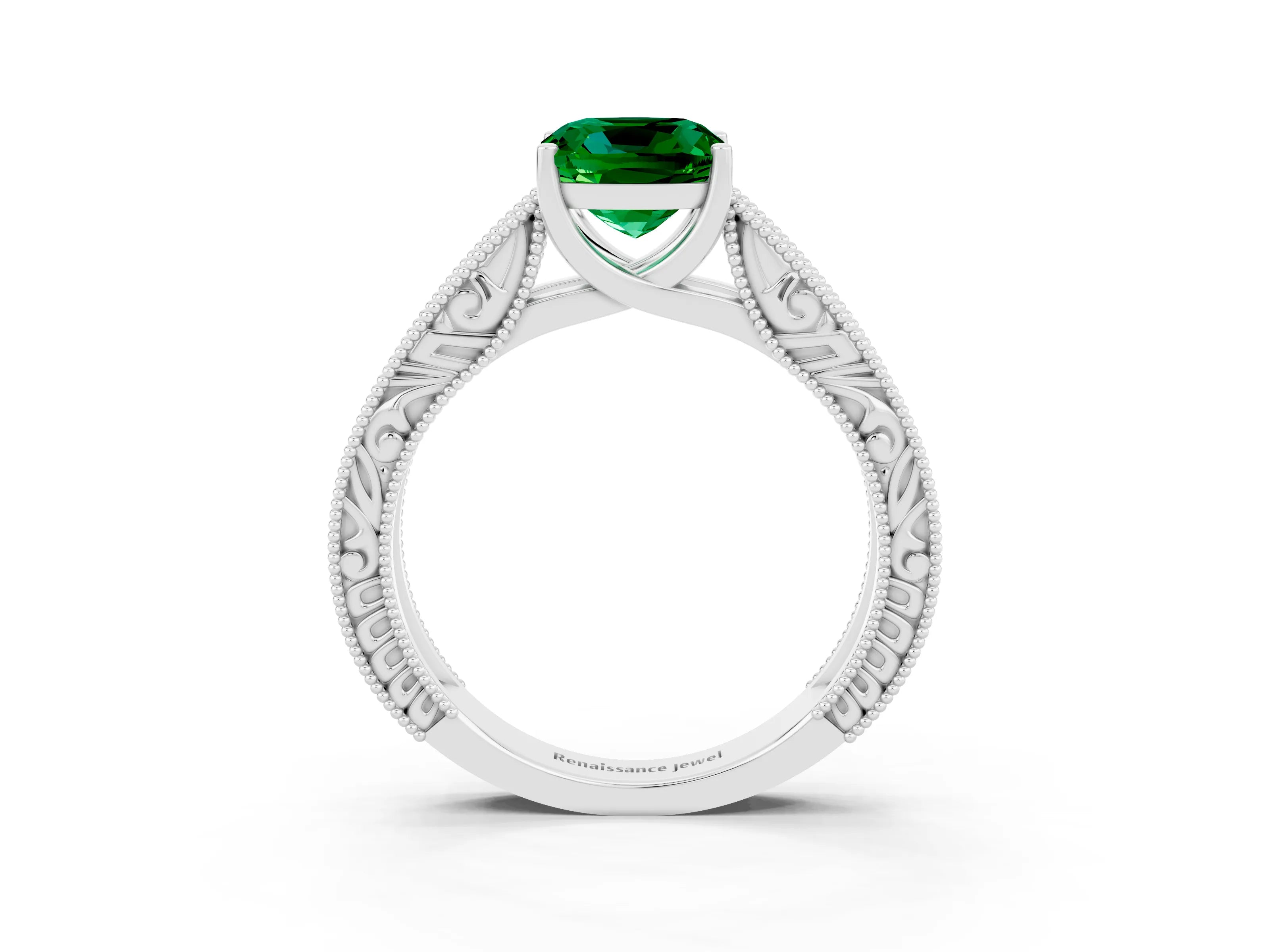 White gold Cushion Cut Emerald Solitaire Ring with Engraved Band and Four-Prong Setting_3
