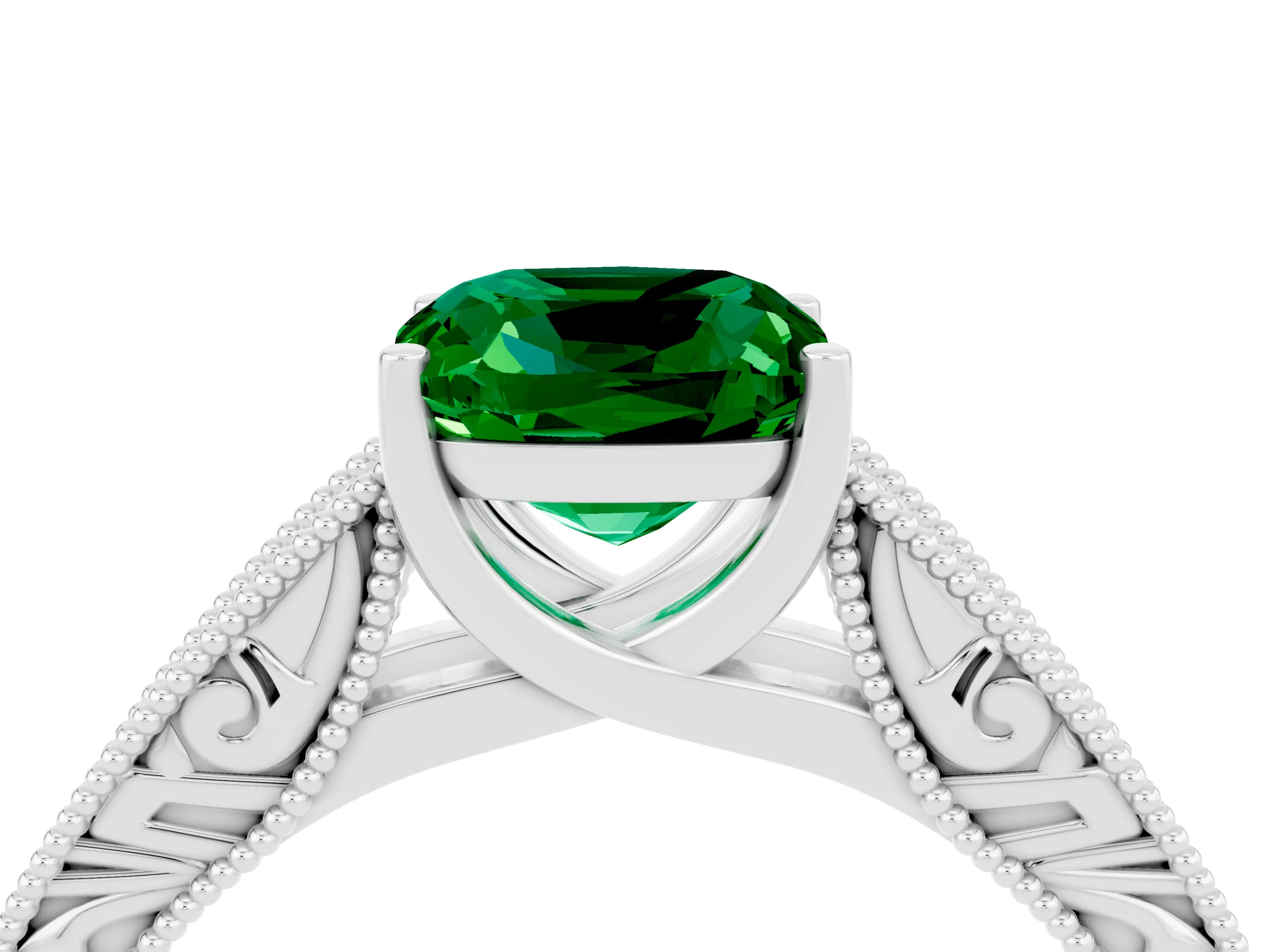 White gold Cushion Cut Emerald Solitaire Ring with Engraved Band and Four-Prong Setting_4