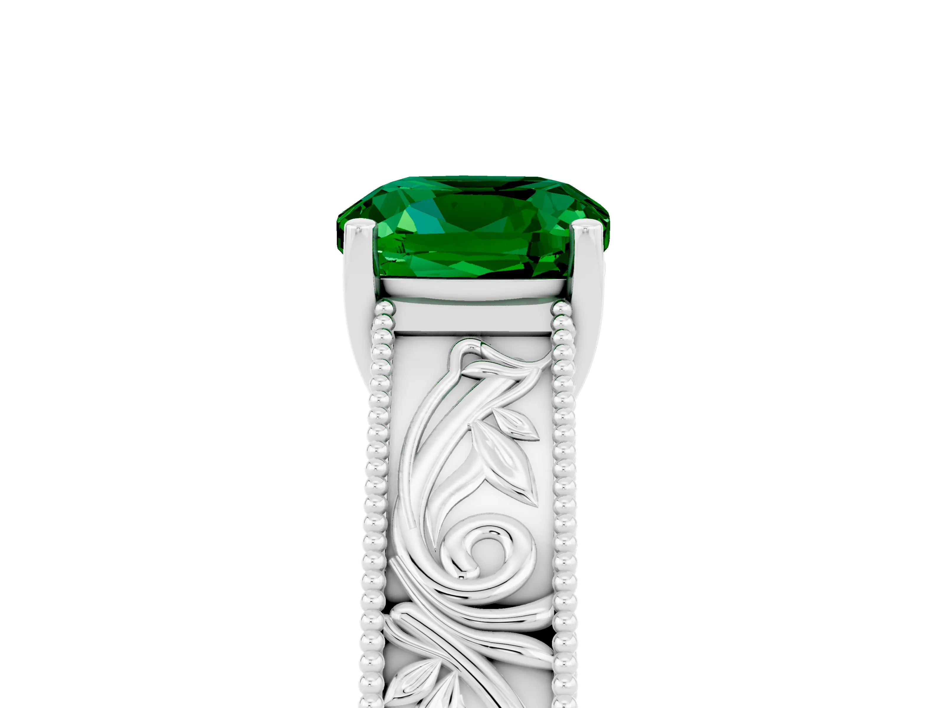 White gold Cushion Cut Emerald Solitaire Ring with Engraved Band and Four-Prong Setting_5