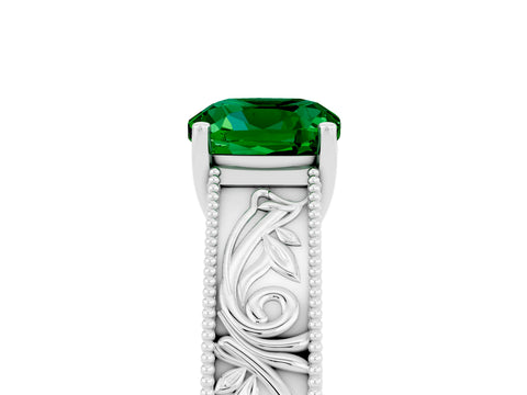 White gold Cushion Cut Emerald Solitaire Ring with Engraved Band and Four-Prong Setting_5