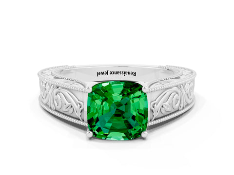 White gold Cushion Cut Emerald Solitaire Ring with Engraved Band and Four-Prong Setting