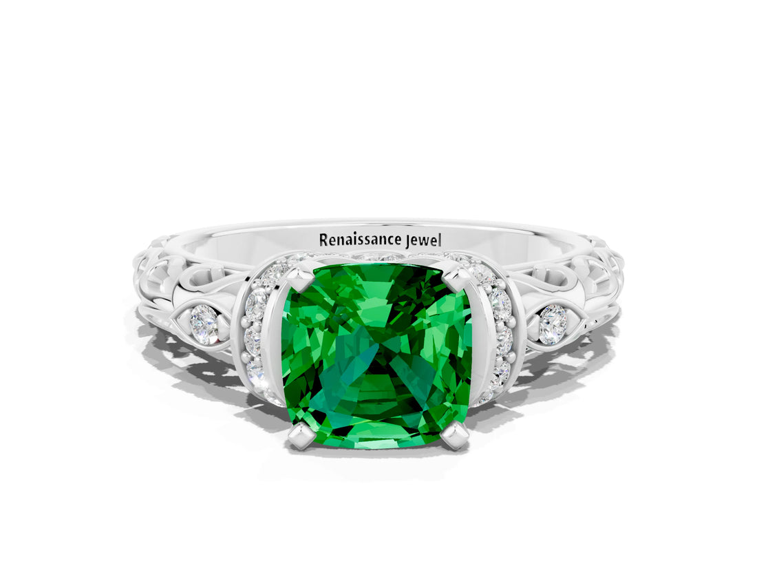 White gold Cushion Cut Emerald Solitaire Ring with Filigree Band and Four-Prong Setting_24