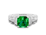 White gold Cushion Cut Emerald Solitaire Ring with Filigree Band and Four-Prong Setting_24
