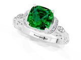 White gold Cushion Cut Emerald Solitaire Ring with Filigree Band and Four-Prong Setting_25