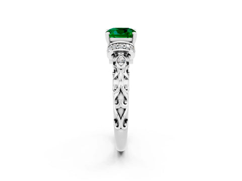White gold Cushion Cut Emerald Solitaire Ring with Filigree Band and Four-Prong Setting_26