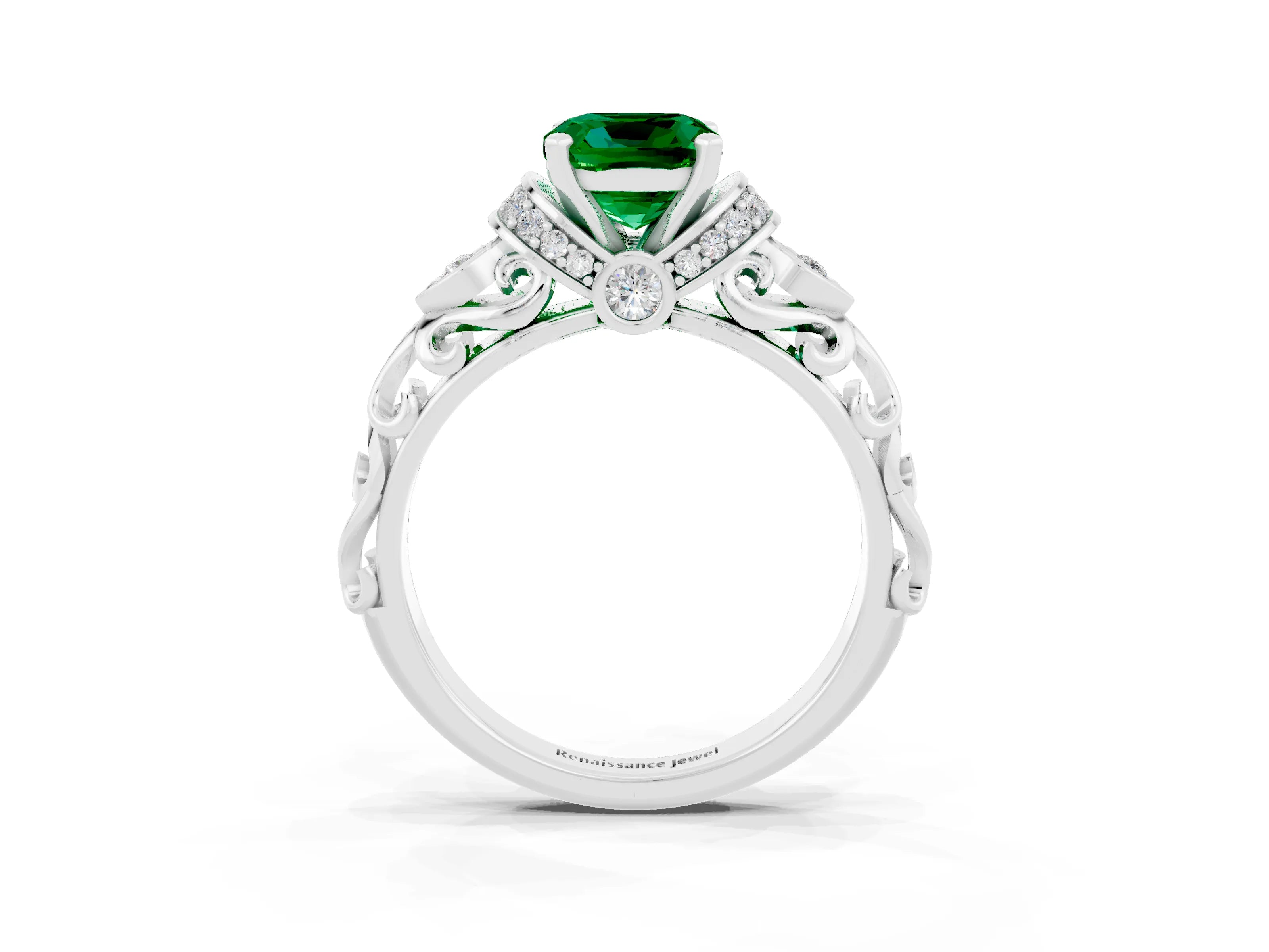 White gold Cushion Cut Emerald Solitaire Ring with Filigree Band and Four-Prong Setting_27