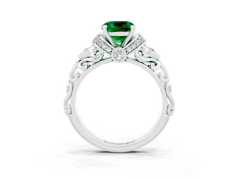 White gold Cushion Cut Emerald Solitaire Ring with Filigree Band and Four-Prong Setting_27