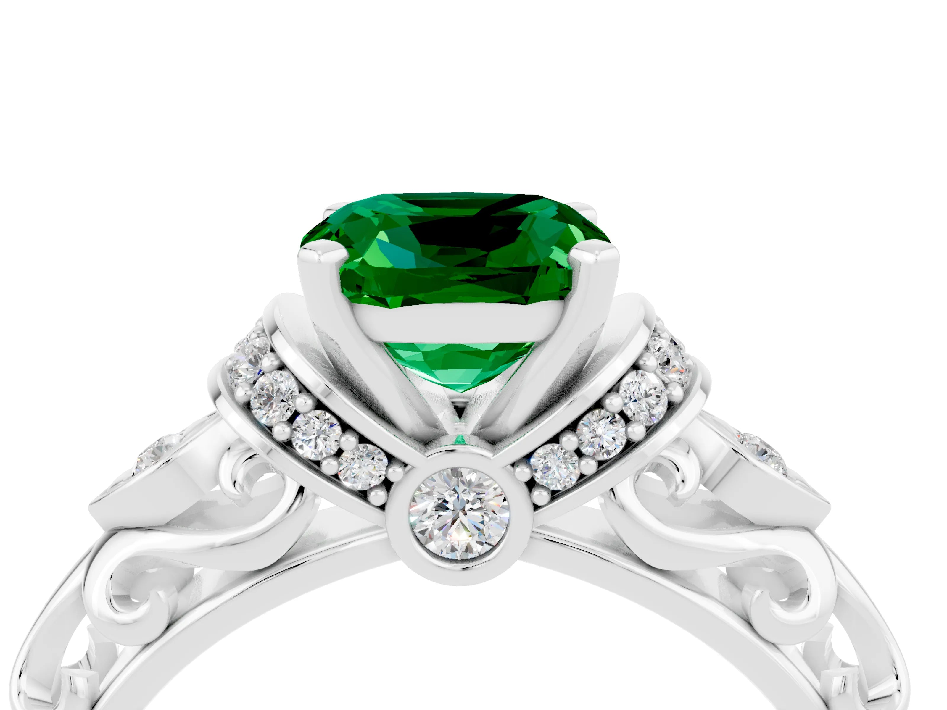 White gold Cushion Cut Emerald Solitaire Ring with Filigree Band and Four-Prong Setting_28