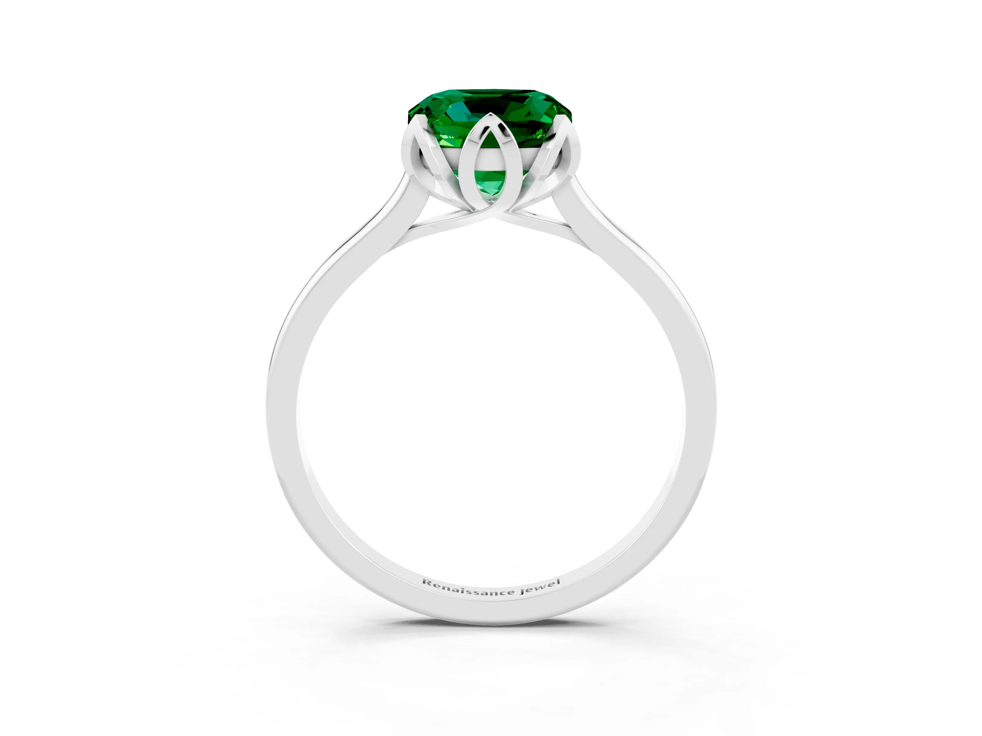 White gold Cushion Cut Emerald Solitaire Ring with Flower Prong Setting and Classic Band_15