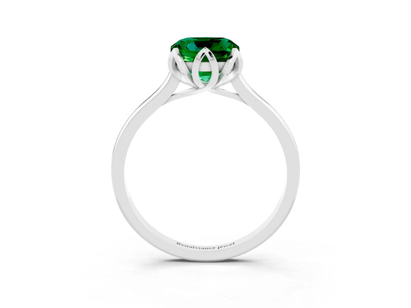 Silver Cushion Cut Emerald Solitaire Ring with Flower Prong Setting and Classic Band