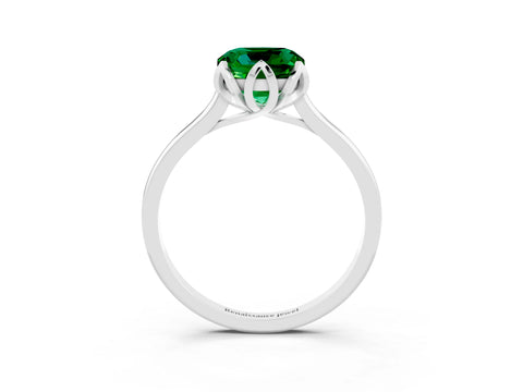 White gold Cushion Cut Emerald Solitaire Ring with Flower Prong Setting and Classic Band_15