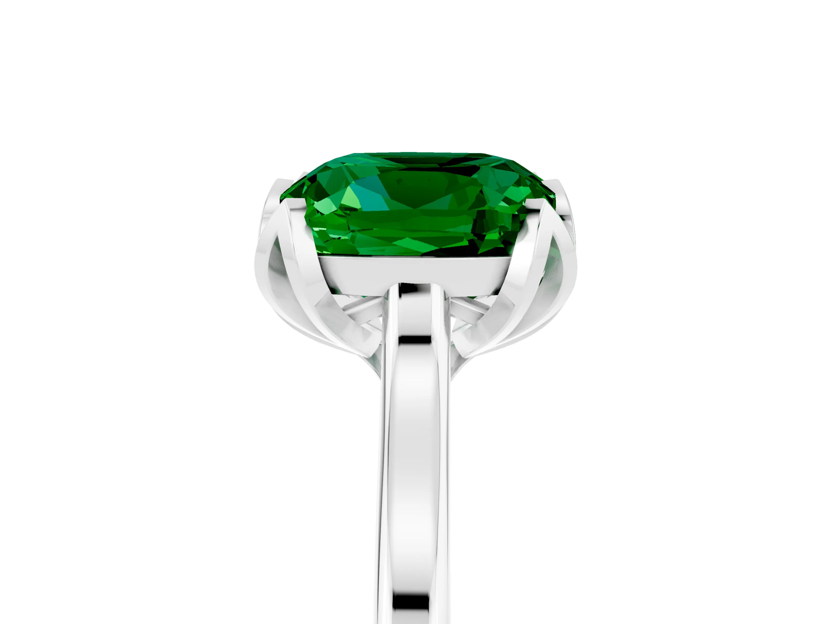 White gold Cushion Cut Emerald Solitaire Ring with Flower Prong Setting and Classic Band_17