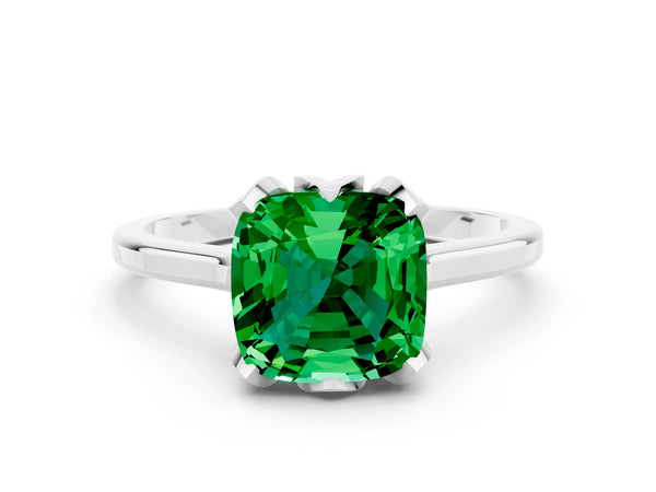 White gold Cushion Cut Emerald Solitaire Ring with Flower Prong Setting and Classic Band