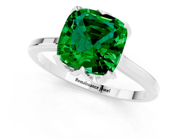 White gold Cushion Cut Emerald Solitaire Ring with Flower Prong Setting and Classic Band