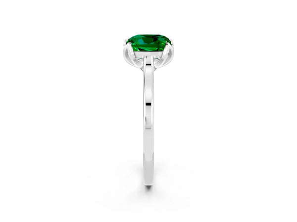 White gold Cushion Cut Emerald Solitaire Ring with Flower Prong Setting and Classic Band