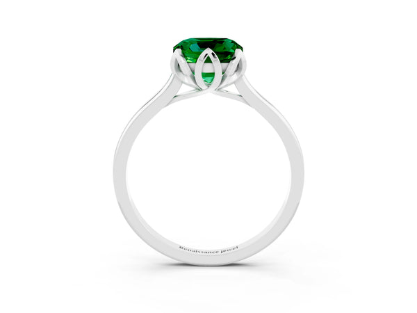 White gold Cushion Cut Emerald Solitaire Ring with Flower Prong Setting and Classic Band
