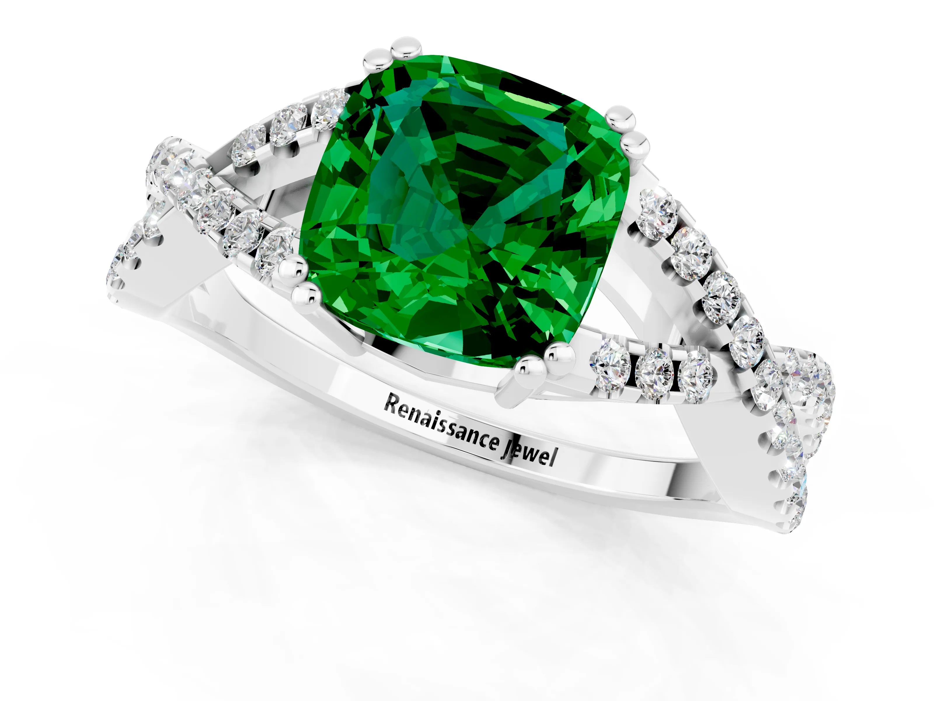 White gold Cushion Cut Emerald Solitaire Ring with Four-Prong Setting and Twisted Pavé Band_1