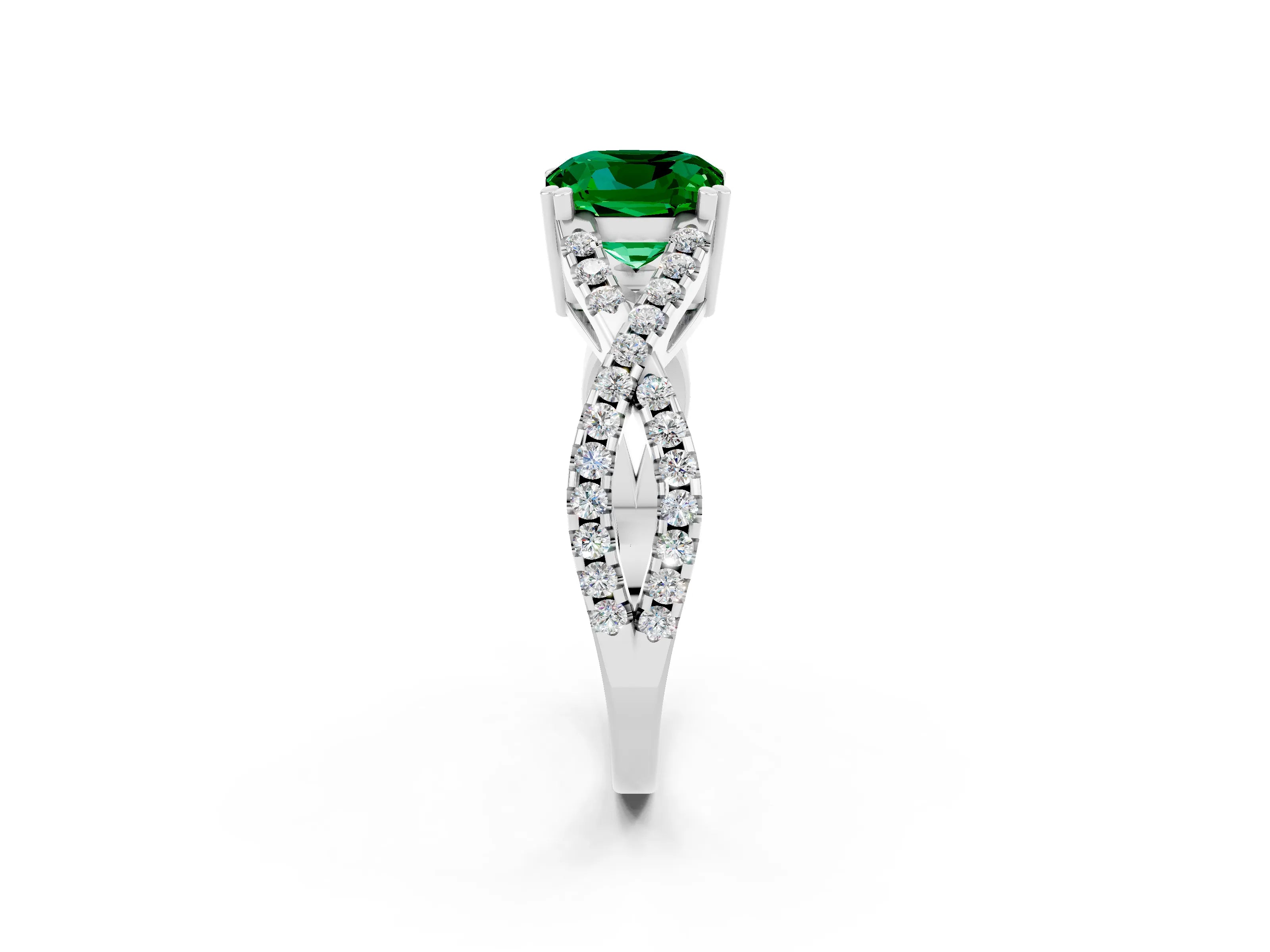 White gold Cushion Cut Emerald Solitaire Ring with Four-Prong Setting and Twisted Pavé Band_2